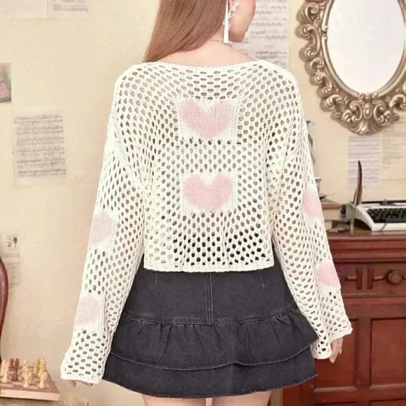 White Boho Womens Heart Pattern Drop Shoulder Open Knit Sweater - Picture 2 of 5
